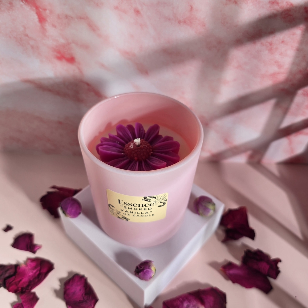 Essence Pink Candle with Purple Flower Accent